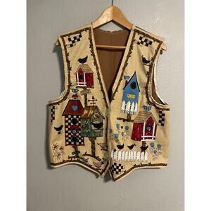 Handmade Vintage Birdhouse Print Vest Womens XL Multicolor Birds Cottagecore